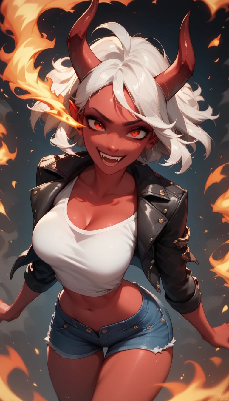 A demon girl, solo, evil red eyes, red skin, horns, wide open smile, Expressiveh, white hair, leather jacket, tshirt, denim shorts, medium breast, bounce breasts, chest focus, closeup, fire, smoke, motion blur, dark background