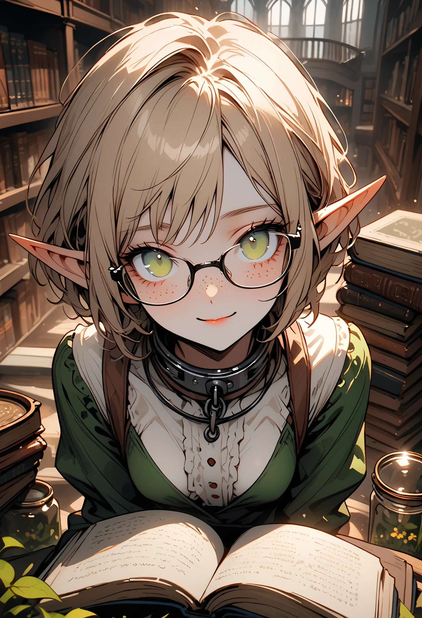 solo, close up, female, elf girl, very short hair, green eyes, light brown hair, thin, freckles, glasses, svelte, small breasts, servant clothes, iron collar, large book, victorian era, sitting, long pointed ears, shy smile, mansion, day, bright, flowers in jar, library, piled books, looking up at viewer, patting head, pov