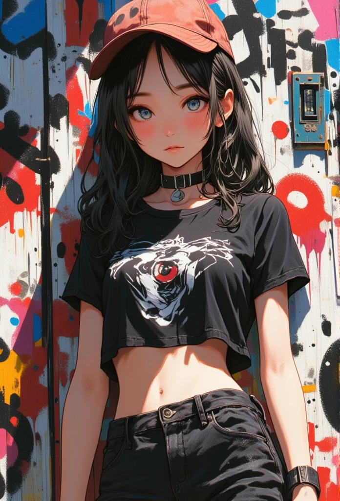 (masterpiece, best quality:1.4), official art, absurdres, vivid colors, girl, teen, beautiful eyes, tight crop top, tight pants, choker, (splash ink, graffiti on wall:1.2), navel, slender, standing, from below, cowboy shot, small waist, thick thighs, (arch back, perky butt:0.6), sharp focus, dynamic lighting, cinematic lighting, dramatic shadow, highres, ultra detailed, finely detail, extremely detailed, detailed eyes and face, sharp pupils, realistic pupils, simple background, big breasts, cleavage, 