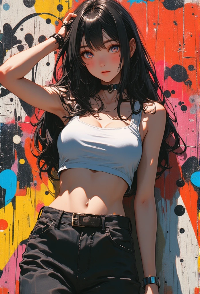 A beautiful woman, wearing (( crop top, hotpants)), long hair, smiling face, black hair, full body, top quality, realistic, super detailed, 8k