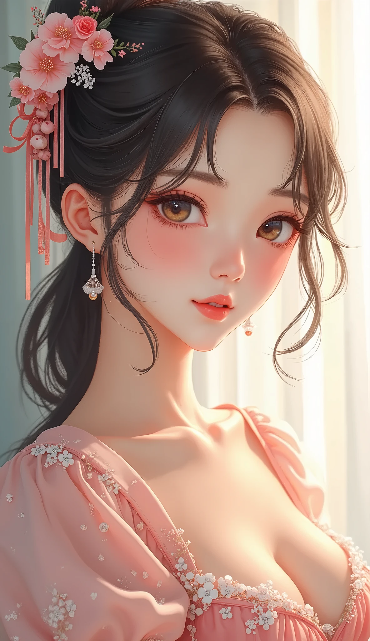 masterpiece, Best Quality, Japanese, 18 years old, female, pure, cheerful, flawless, beautiful beauty and body, slight bulge in the chest, a glimpse of ishness, eternal kindness and beauty, a refreshing breeze blowing, growing into an adult in mind and body. A floral scent that will keep thinking of you and watching over you forever.