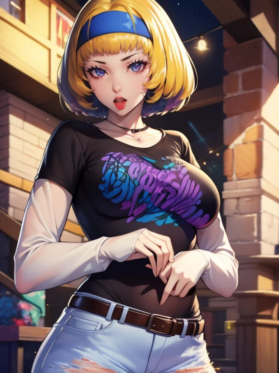 constance, purple eyes, headband, 1girl, solo, black t-shirt, white shirt, jeans, belt, lipstick, large breasts