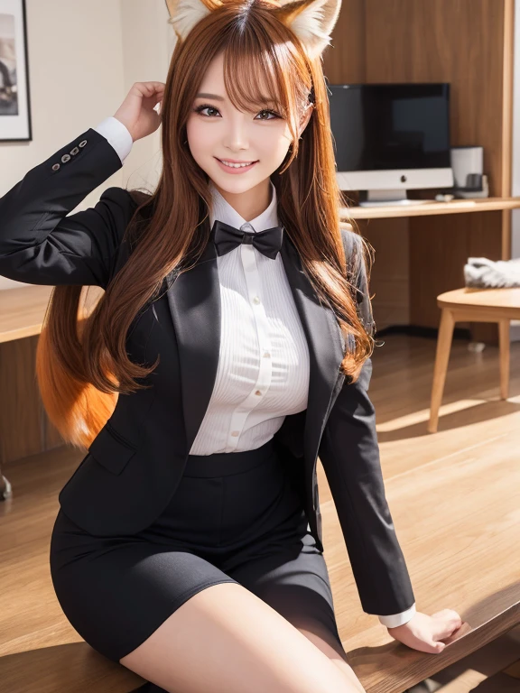 ((Highest quality)), ((masterpiece)), (Familiar), Perfect Face, fox lady, Pretty girl, Fox Ears, Fox tail, She has a northern fox tail, She wags her fluffy tail, She is a pretty office worker., Beautiful hip line, Thick thighs, One big tail, The tail sticks out from under the skirt, Nice body, Shyly staring at his tail, Only one tail, a shy face