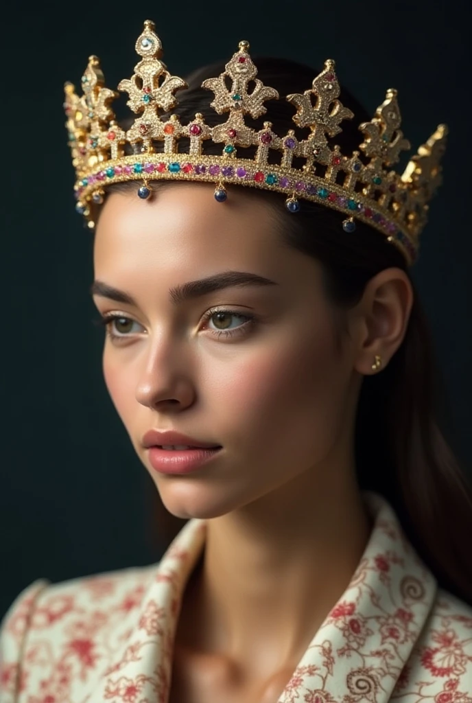 Create the image of a crown: The crown is built on a sturdy circular base, made of solid gold. About the base, four elegant arches rise, decorated with delicate filigree and precious gem inlays, como rubis e sapphires. Each arch ends in a golden cross. Along the crown arches, precious gems are set, reflecting the colors of the Swiss flag and representing rudeness. rubies, sapphires; and diamond among the gems, pearls adorn the crown. Intertwined in the arches of the crown, are delicate carved flowers and leaves, inspired by the alpine flora of Switzerland, like edelweiss and rhododendrons. into the image, there will only be the crown, without anyone using it