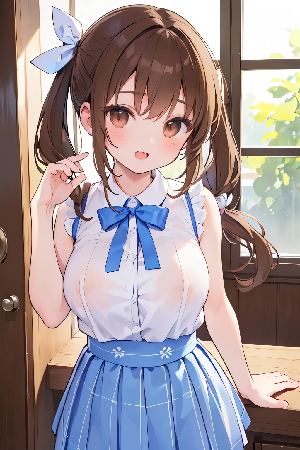 (Highest quality illustrations:1.2), (Kawaii Girl:1.1), (1girl in, Alone:1.5), (1girl in、18years、ish、One pose、cute little、Neat and clean image、tiny chest:1.5、ultradetailed eyes:1.2)、(Huge breast:1.1)、((Brown-eyed、Brown hair:1.5))、(shorth hair)、hair wavy、curlyhair、bangss、low twintails、short twintails、 (high-school uniform、summer clothing、Sleeveless、(white shirt)、Light blue ribbon、Checked pleated skirt)、,The upper part of the body、huge smile、Open mouth、hi、Brown hair、shorth hair、hair wavy、low twintails、break(top-quality、 ultra-detailed、highly detailed and beautiful、超A high resolution、Detailed arm:1.2)、sideways Facing、a closeup、bustup, wink、Exposing the breasts、Bare your breasts、Nipples