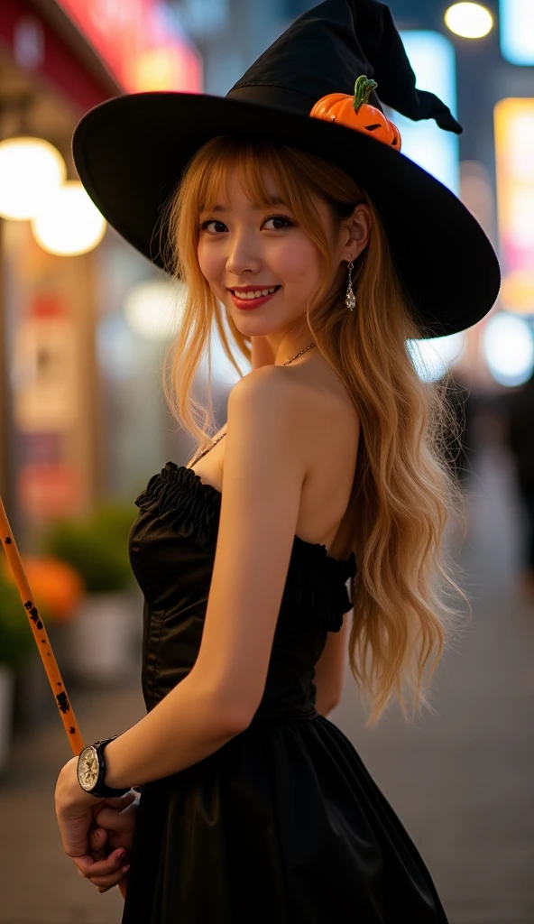 side  view,  standing pose,  full body, season Halloween , beautiful young Japaneses girl,  20-age, (golden hair , long hair , fringe, beautiful dark brown eye, smile, earing, Masquerade, pumpkin hat), (C cup breasts, wide hip, stylish body), ( Witch costume ,pumpkin hi-heal,  lady's watch) ,hold witch wand, on street, in Tokyo , night,((super detail, high details, high quality, accurate, anatomically correct, textured skin, beautiful fingers super detail, high details, high quality, best quality))