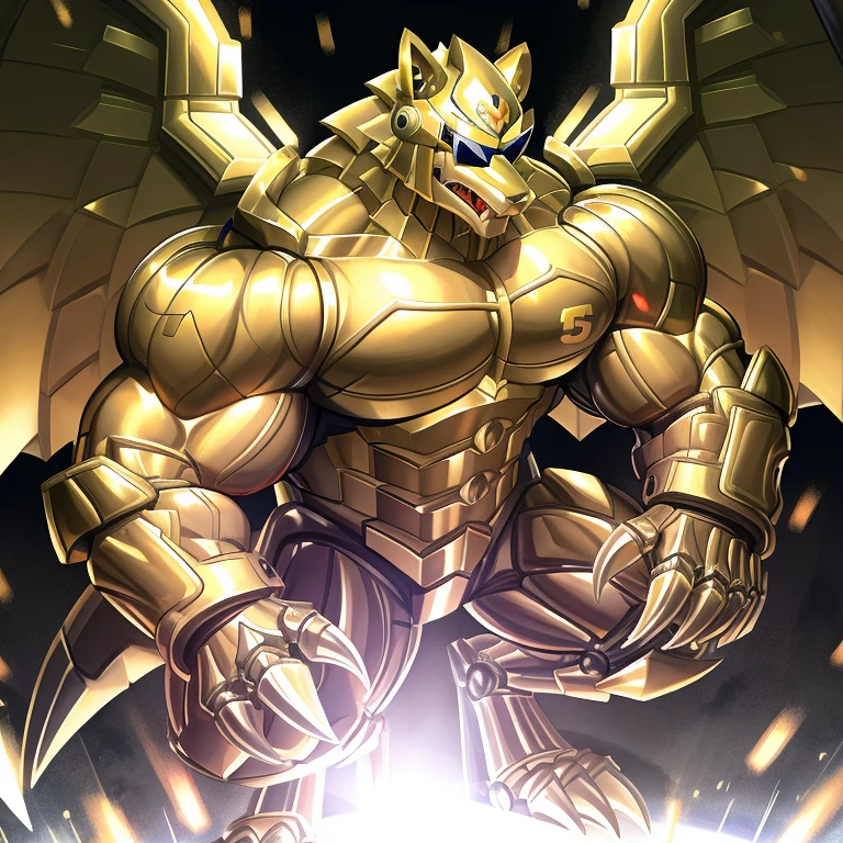 (freddy wolf, 8K), (freddy wolf's giant robot, Powered exoskeleton with the same design as freddy wolf), (Masterpiece, highres) (Detailed head, Detailed Body, Detailed abs, full body) (gigantic muscles, Gigachad Muscular, big muscle, pecs, triceps, traps, unusually developed muscular body, body full of huge muscles. showing off muscles, pectorales enormes, Exaggeratedly huge muscles.) (nj5furry, The claws are sharp, Sharp teeth, sharp claws), (long legs), (Spread wings, It has wings, have big wings, golden wings), (Wrestling, wrestler, the bodybuilding), (It has wings, whole body shines like metal, Wearing cyberpunk mecha, emphasizes the muscles, suit fully made of metal, intricate armor, Robotic suit, suit fully made of metal, cyborg), menacing pose, The whole body is golden. no face. BULK UP. The whole body is golden. wearing a full-face helmet. no blue. no red. A pose that shows off your muscles. no face. He is wearing sunglasses. The face is hidden inside the helmet and cannot be seen.