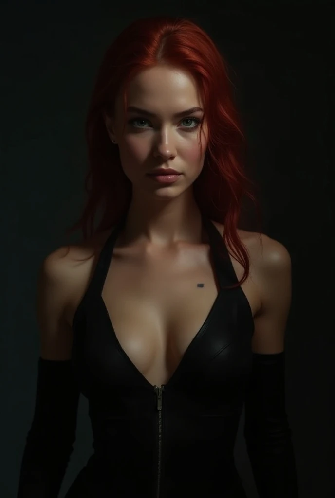 a girl with western features, with dyed red hair, glasses, light brown eyes, white, At the age of 19.
She is in her room posing in front of the mirror.
Her outfit is a tiny dress, low-cut, showing the bust .
night lighting