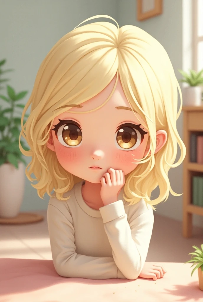 Watercolour. Blonde girl, serious, scared, afraid, kneeling on the floor, looking down, full body, white background, perfect quality, (mess-house: 0.8), (masterpiece: 1.2) (Realistic: 1.2) (Bokeh) (Best quality) (Detailed skin: 1.3) (Intricate details) (8K) (Detail eyes) (Sharp focus), (Happy)