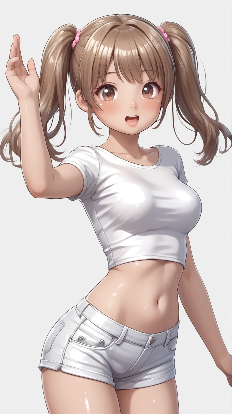 cute girl . Very kawaii , round face . alone , Slim , medium breasts , short and small . shiny skin . Pure white tube top T-shirt . shorts . dynamic poses . dynamic angle . No background , White background , looking at the audience