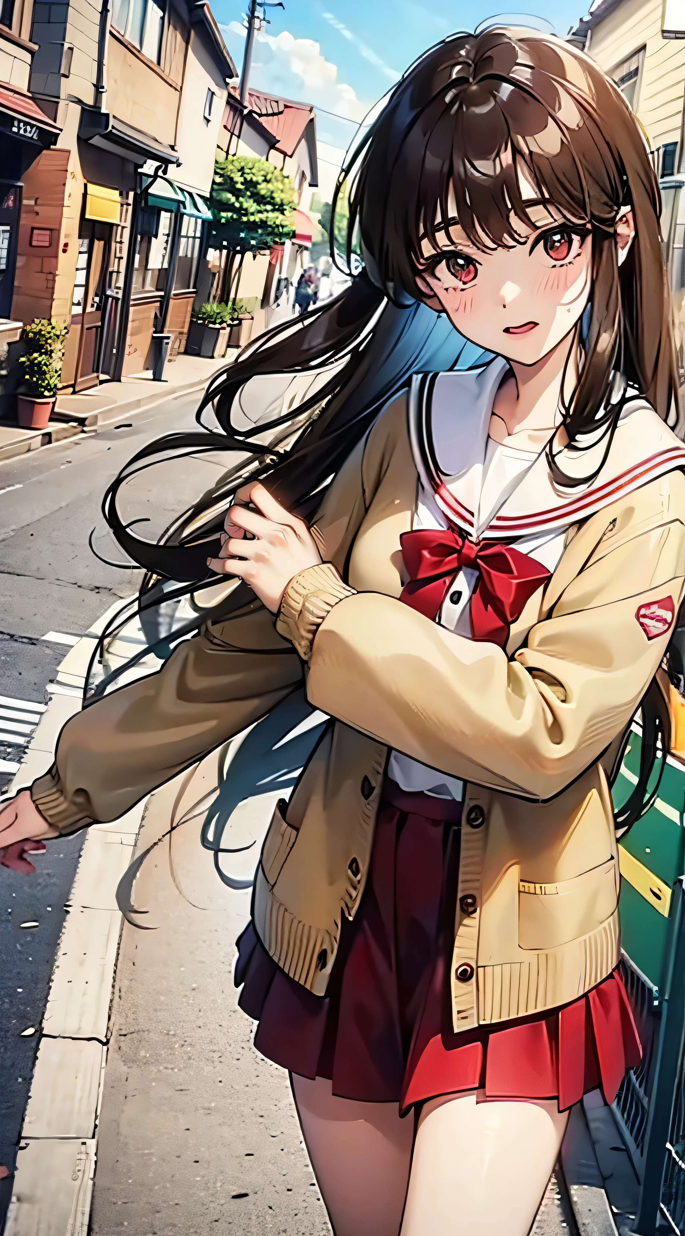 Nagamori Mizuka is wearing the red skirt and beige cardigan sweater from her school uniform, she is running on her way to school, the scenario is composed of the town streets