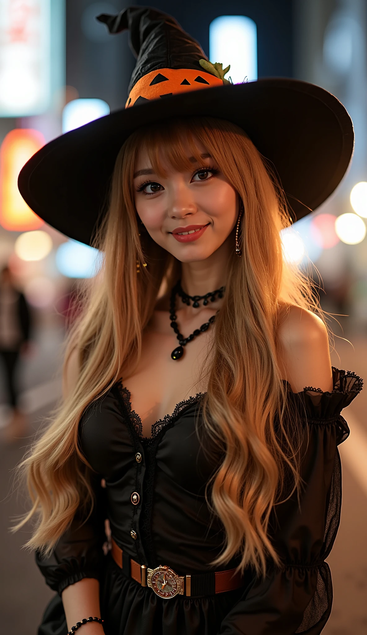 dutch angle,  standing pose,  season Halloween , beautiful young Japaneses girl,  20-age, (golden hair , long hair , fringe, beautiful dark brown eye, smile, earing, Masquerade, pumpkin hat), (C cup breasts, wide hip, stylish body), ( Witch costume ,pumpkin hi-heal,  lady's watch) ,hold witch wand, on street, in Tokyo , night,((super detail, high details, high quality, accurate, anatomically correct, textured skin, beautiful fingers super detail, high details, high quality, best quality))