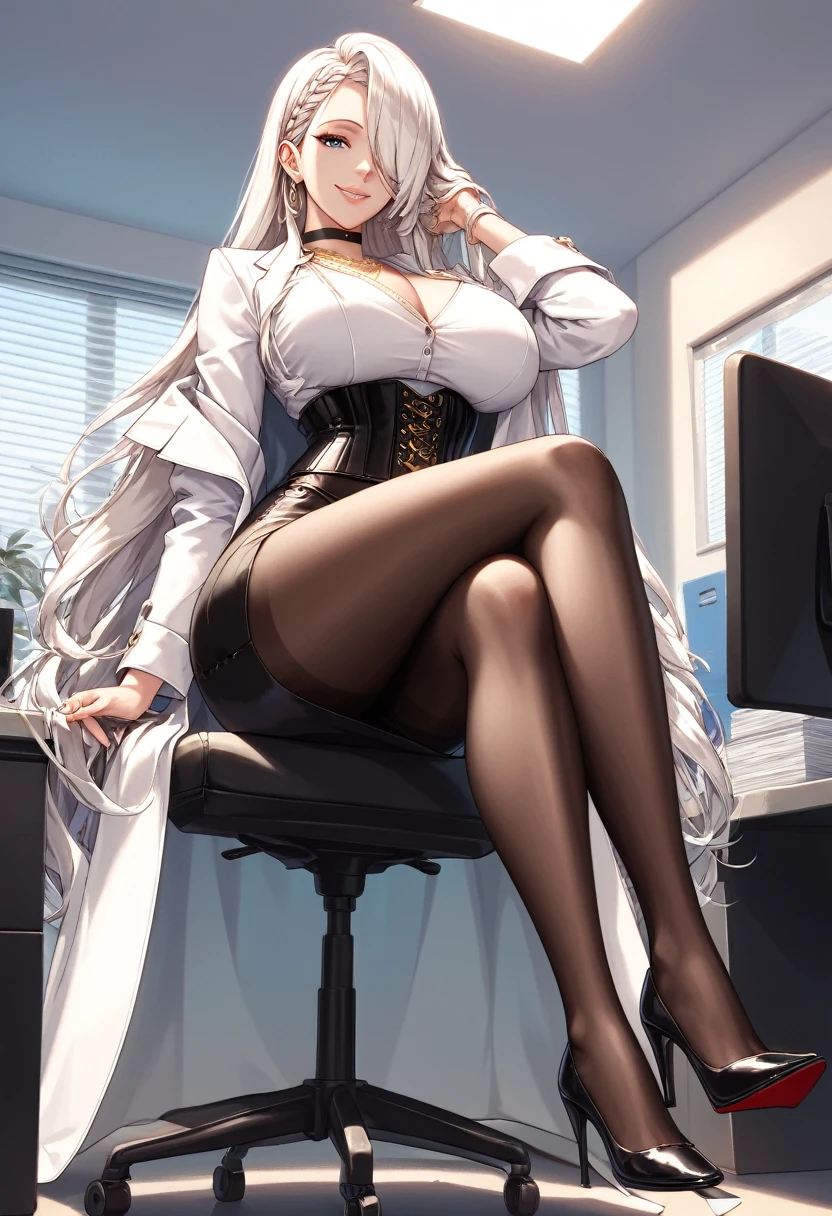 score_9, score_8, score_7, source_animated, 1mature_FE, only 1 woman, administrator , smile, thin lip,  elegant gold chain necklace, black choker, office clothes, White shirt, long white coat , very long coat , black corset, black skirt very long skirt , white long sleeve shirt, black tights black heels ,  white hair , very long hair ,  hair 1 side braid,  hair covers an eye, bright blue eyes,  big breasts,  sitting in an office chair ,  crossed legs , A hand fixing hair),  office room background, View from below perfect body,  Perfect Anatomy, erotic anatomy, perfect arms,  perfect fingers , perfect legs, Ambient light.