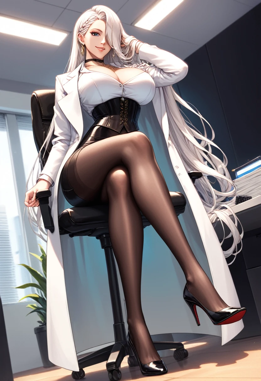 score_9, score_8, score_7, source_animated, 1mature_FE, only 1 woman, administrator , smile, thin lip,  elegant gold chain necklace, black choker, office clothes, White shirt, long white coat , very long coat , black corset, black skirt very long skirt , white long sleeve shirt, black tights black heels ,  white hair , very long hair ,  hair 1 side braid,  hair covers an eye, bright blue eyes,  big breasts,  sitting in an office chair ,  crossed legs , A hand fixing hair),  office room background, View from below perfect body,  Perfect Anatomy, erotic anatomy, perfect arms,  perfect fingers , perfect legs, Ambient light.