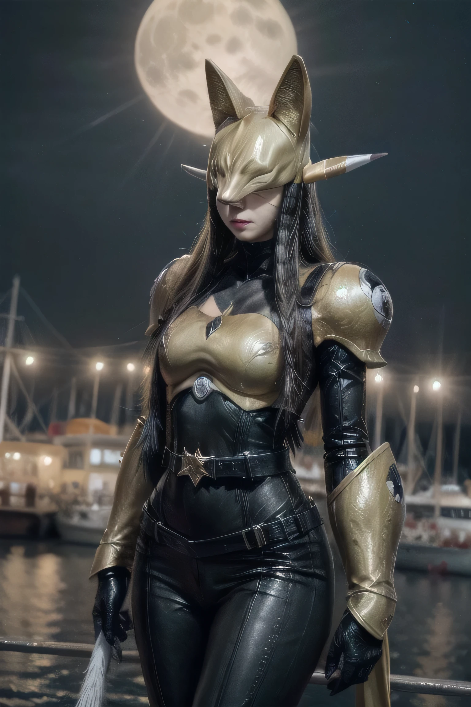 (close-up shot) sakuyamon,sakuyamon,single animal ears,fox,fox,fox,fox ears,long hair,white hair,facial mark,fox mask,mask,BREAK armor,belt,bodysuit,gauntlets,golden armor,high heels,yin yang,BREAK ,BREAK in a harbor, with a full moon in the background.