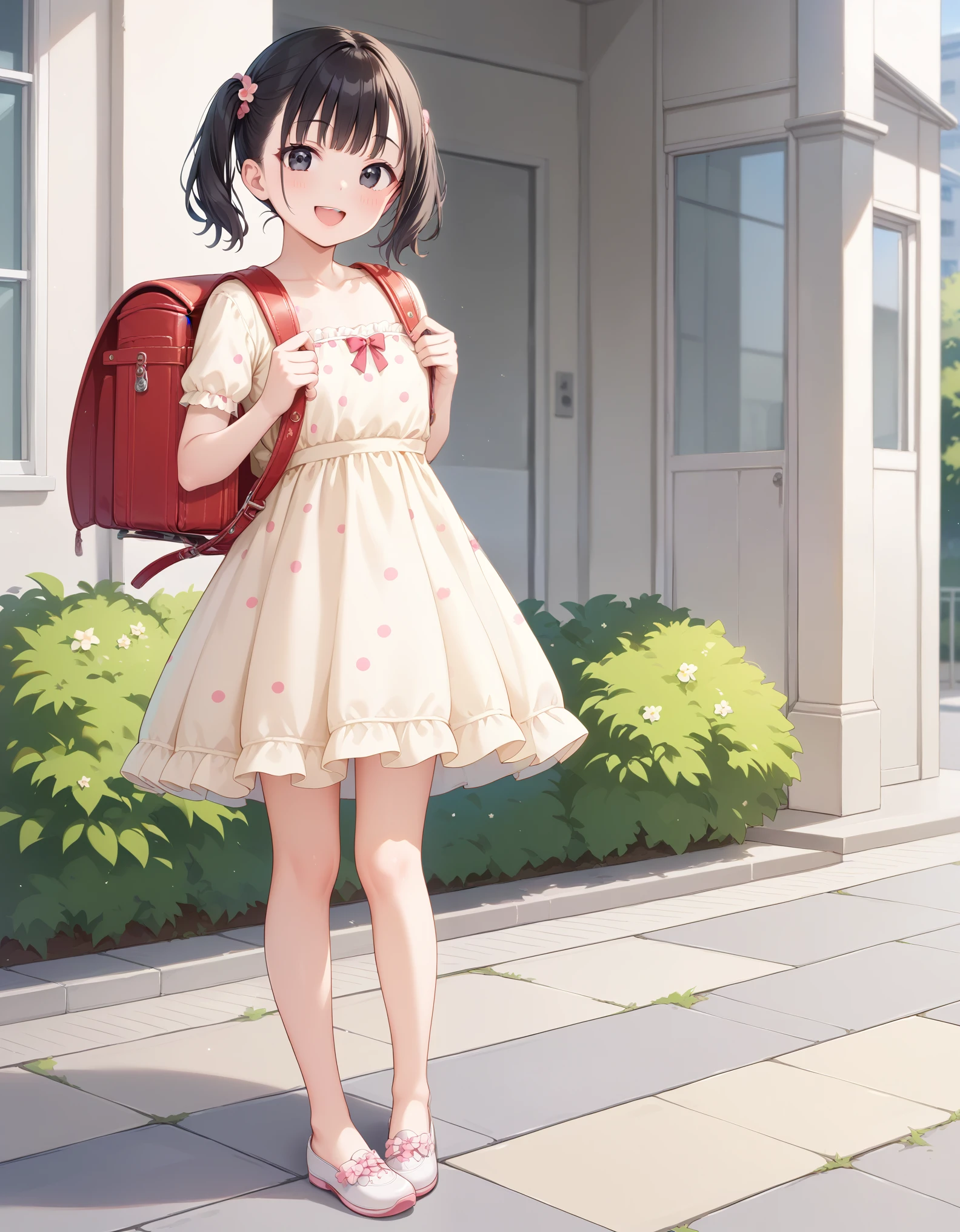 (girl) ((party dress)) (sparkling dress) (slender body) (thin body), (black hair) (black eyes) (white skin) happy and confident expression. full body,  ((Location: park)) short hair, twintails, (ch1ldren playing in the background), short girl, long straight hair, thin legs, flat chest, flat breasts. ( playing) (happy, smile, cheerful), wearing randoseru backpack, red backpack, standing, outdoor