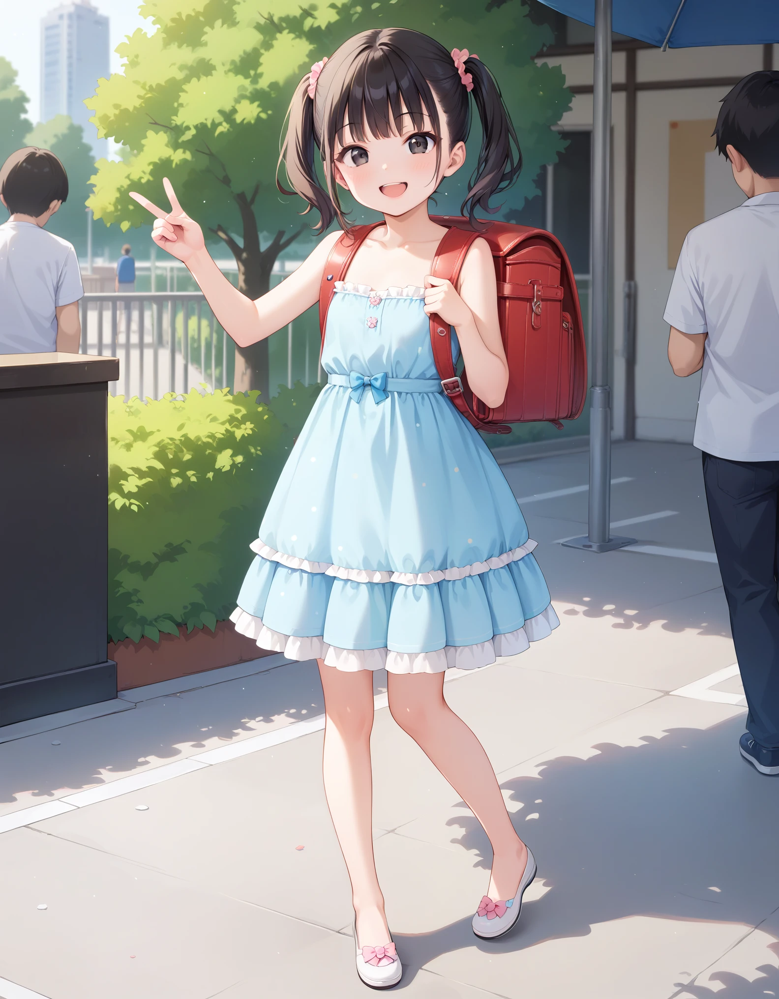 (girl) ((party dress)) (sparkling dress) (slender body) (thin body), (black hair) (black eyes) (white skin) happy and confident expression. full body, ((Location: park)) short hair, twintails, (ch1ldren playing in the background), short girl, long straight hair, thin legs, flat chest, flat breasts. ( playing) (happy, smile, cheerful), wearing randoseru backpack, red backpack, standing, outdoor