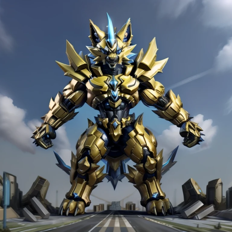 - ZERAORA, 8K, Masterpiece, highres,
- Zeraora's giant robot, Powered exoskeleton with the same design as Zeraora. whole body shines like metal, Wearing cyberpunk mecha, emphasizes the muscles, suit fully made of metal, intricate armor, Robotic suit, suit fully made of metal, cyborg
- Detailed head, Detailed Body, Detailed abs, full body.

- gigantic muscles, Gigachad Muscular, big muscle, pecs, triceps, traps, unusually developed muscular body, body full of huge muscles. showing off muscles, pectorales enormes, Exaggeratedly huge muscles. Long legs.
- nj5furry, The claws are sharp, Sharp teeth, sharp claws.
-  Spread wings, It has wings, have big wings, golden wings),

- hyper golden penis, menacing pose, no face.
- The as big as a building Exoskeleton ZERAORA in the small street
- massive:3.0,Big Muscle:1.1(heavyweight,strong,macro,Emphasize huge size, Stepping on the ruins), background((the collapse building,raising little spoke,the little sparks,the rift in the road)),high angle perspective.