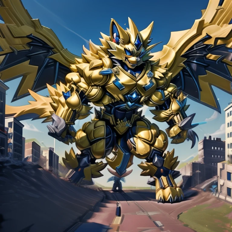 - ZERAORA, 8K, Masterpiece, highres,
- Zeraora's giant robot, Powered exoskeleton with the same design as Zeraora. whole body shines like metal, Wearing cyberpunk mecha, emphasizes the muscles, suit fully made of metal, intricate armor, Robotic suit, suit fully made of metal, cyborg
- Detailed head, Detailed Body, Detailed abs, full body.

- gigantic muscles, Gigachad Muscular, big muscle, pecs, triceps, traps, unusually developed muscular body, body full of huge muscles. showing off muscles, pectorales enormes, Exaggeratedly huge muscles. Long legs.
- nj5furry, The claws are sharp, Sharp teeth, sharp claws.
-  Spread wings, It has wings, have big wings, golden wings),

- hyper golden penis, menacing pose, no face.
- The as big as a building Exoskeleton ZERAORA in the small street
- massive:3.0,Big Muscle:1.1(heavyweight,strong,macro,Emphasize huge size, Stepping on the ruins), background((the collapse building,raising little spoke,the little sparks,the rift in the road)),high angle perspective.