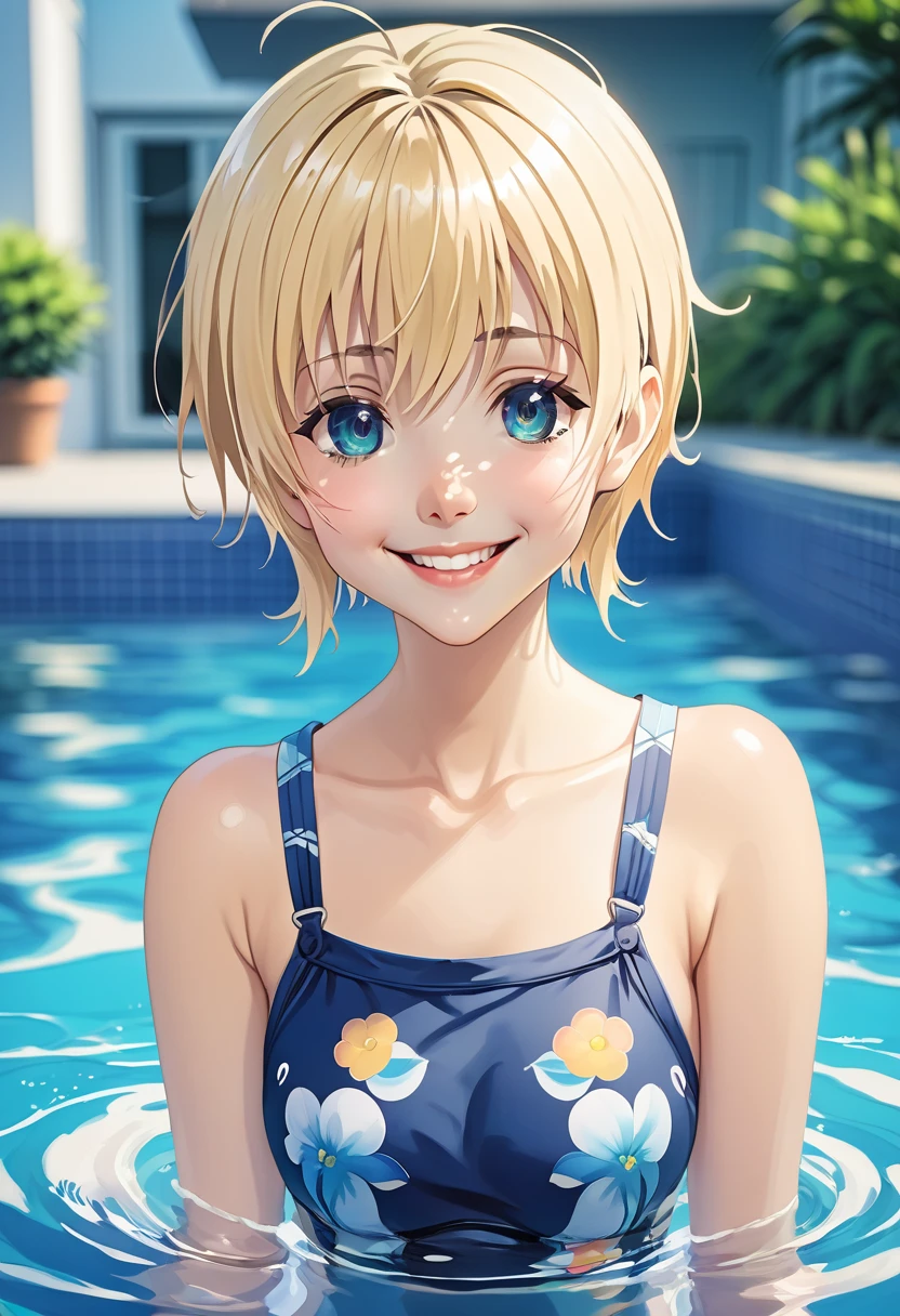 Anime girl in the pool blonde short haired smiling