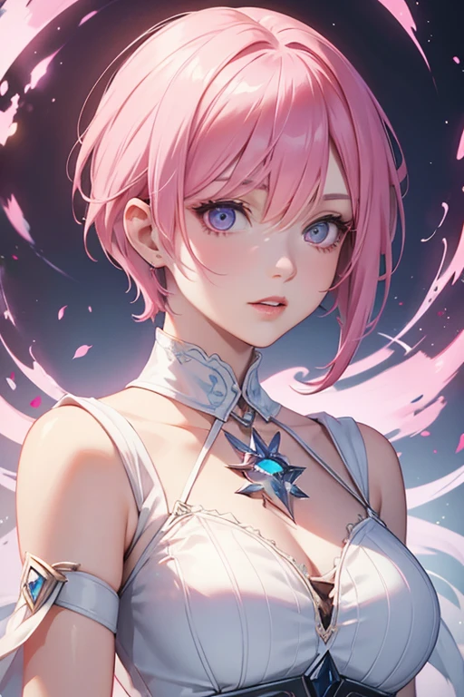 arcana, a woman with short to medium pink hair wearing a white dress, female face, arte de personagem do Unreal Engine, portrait