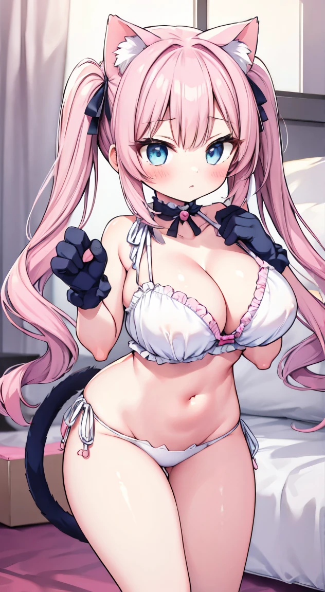 incoming kiss,(light blue cat lingerie1.3),Cat ear,Paw Ball Gloves,standing,gold pink twintailshair,Cute eyes,side tie panties,Large Breasts,Perfect hands,Perfect legs,girl room,