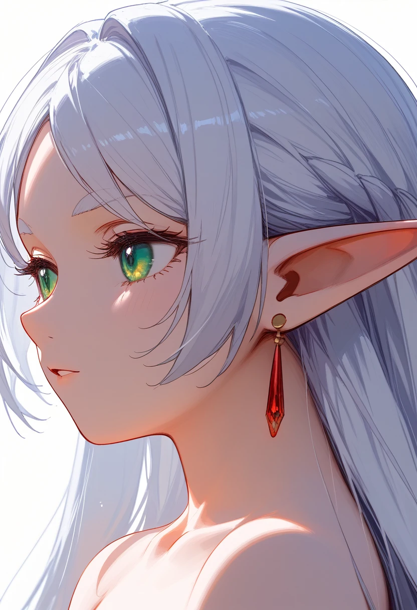 1 girl, One, freeze, white hair,  Long hair,  pointy ears , green eyes, behind, turned away , close-up, bare shoulders, naked, earrings, Вид behind,  back covered with hair, arms at sides, upper body, white background, simple background, masterpiece, check_9, check_8_up, check_7_up