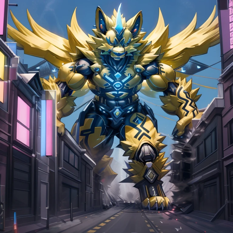 - ZERAORA, 8K, Masterpiece, highres,
- Zeraora's giant robot, Powered exoskeleton with the same design as Zeraora. whole body shines like metal, Wearing cyberpunk mecha, emphasizes the muscles, suit fully made of metal, intricate armor, Robotic suit, suit fully made of metal, cyborg
- Detailed head, Detailed Body, Detailed abs, full body.

- gigantic muscles, Gigachad Muscular, big muscle, pecs, triceps, traps, unusually developed muscular body, body full of huge muscles. showing off muscles, pectorales enormes, Exaggeratedly huge muscles. Long legs.
- nj5furry, The claws are sharp, Sharp teeth, sharp claws.
-  Spread wings, It has wings, have big wings, golden wings),

- hyper golden penis, menacing pose, no face.
- The as big as a building Exoskeleton ZERAORA in the small street
- massive:3.0,Big Muscle:1.1(heavyweight,strong,macro,Emphasize huge size, Stepping on the ruins), background((the collapse building,raising little spoke,the little sparks,the rift in the road)),high angle perspective.