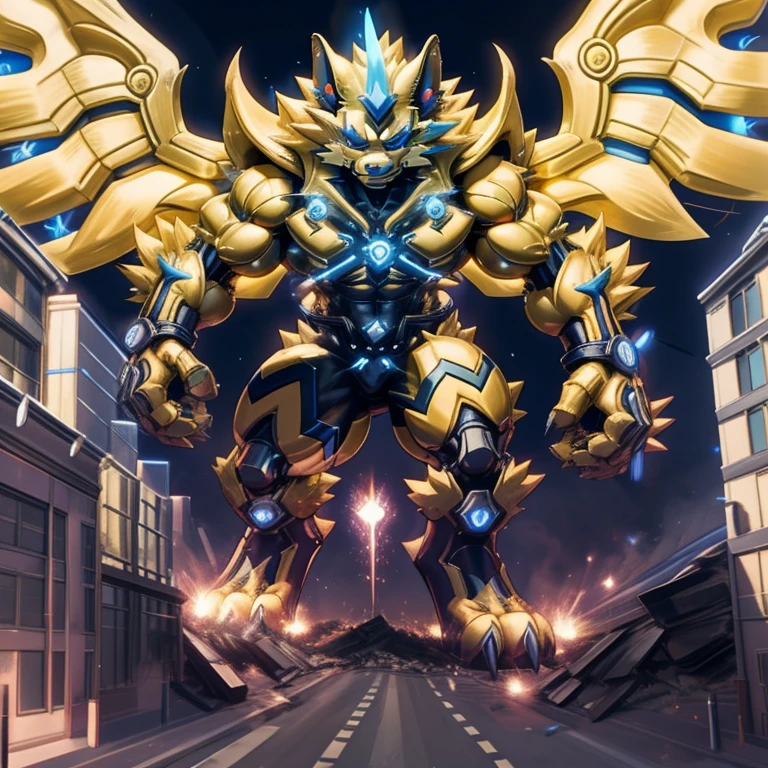 - ZERAORA, 8K, Masterpiece, highres,
- Zeraora's giant robot, Powered exoskeleton with the same design as Zeraora. whole body shines like metal, Wearing cyberpunk mecha, emphasizes the muscles, suit fully made of metal, intricate armor, Robotic suit, suit fully made of metal, cyborg
- Detailed head, Detailed Body, Detailed abs, full body.

- gigantic muscles, Gigachad Muscular, big muscle, pecs, triceps, traps, unusually developed muscular body, body full of huge muscles. showing off muscles, pectorales enormes, Exaggeratedly huge muscles. Long legs.
- nj5furry, The claws are sharp, Sharp teeth, sharp claws.
-  Spread wings, It has wings, have big wings, golden wings),

- hyper golden penis, menacing pose, no face.
- The as big as a building Exoskeleton ZERAORA in the small street
- massive:3.0,Big Muscle:1.1(heavyweight,strong,macro,Emphasize huge size, Stepping on the ruins), background((the collapse building,raising little spoke,the little sparks,the rift in the road)),high angle perspective.