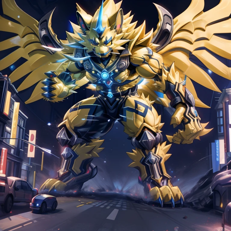 - ZERAORA, 8K, Masterpiece, highres,
- Zeraora's giant robot, Powered exoskeleton with the same design as Zeraora. whole body shines like metal, Wearing cyberpunk mecha, emphasizes the muscles, suit fully made of metal, intricate armor, Robotic suit, suit fully made of metal, cyborg
- Detailed head, Detailed Body, Detailed abs, full body.

- gigantic muscles, Gigachad Muscular, big muscle, pecs, triceps, traps, unusually developed muscular body, body full of huge muscles. showing off muscles, pectorales enormes, Exaggeratedly huge muscles. Long legs.
- nj5furry, The claws are sharp, Sharp teeth, sharp claws.
-  Spread wings, It has wings, have big wings, golden wings),

- hyper golden penis, menacing pose, no face.
- The as big as a building Exoskeleton ZERAORA in the small street
- massive:3.0,Big Muscle:1.1(heavyweight,strong,macro,Emphasize huge size, Stepping on the ruins), background((the collapse building,raising little spoke,the little sparks,the rift in the road)),high angle perspective.