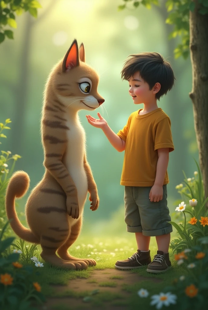 A cat furry lifting a kid up with his tongue