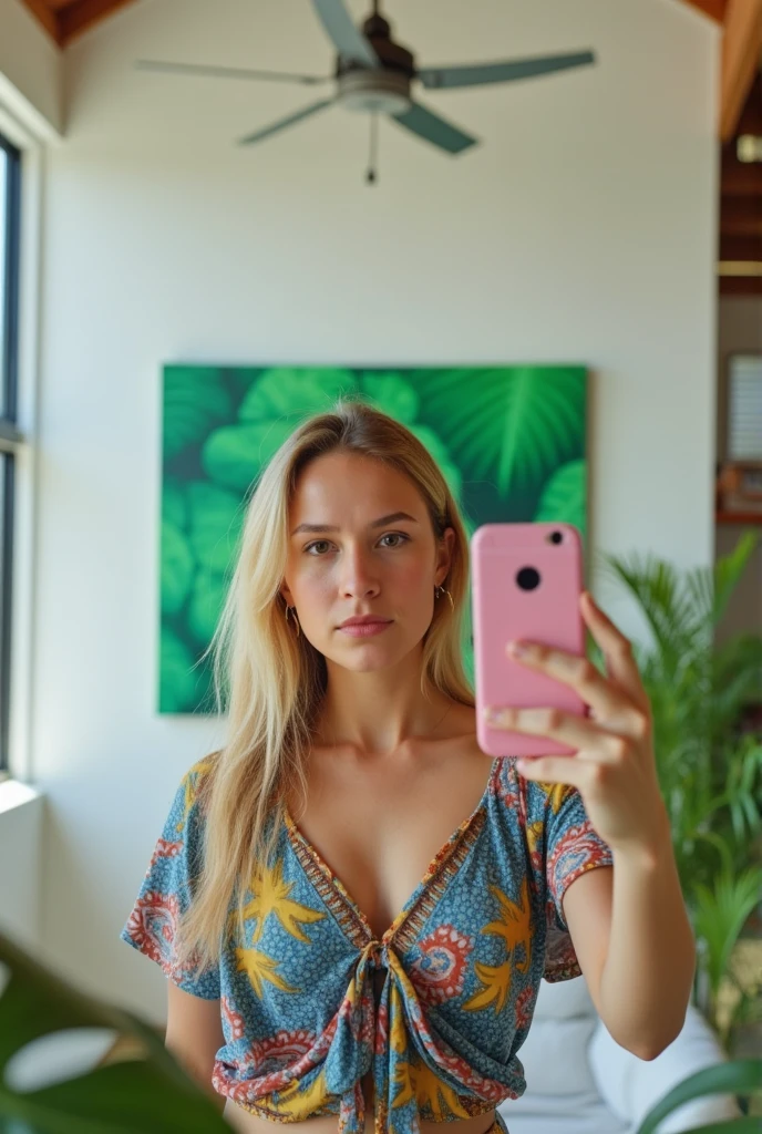 The image shows a young woman taking a selfie in what appears to be a modern, well-lit interior space. She has long blonde hair and is wearing a colorful, flowing dress or top with a pattern of blues, yellows, and reds. The garment has a plunging neckline with ruffled details.
She's holding a pink smartphone to take the picture, and her expression is neutral, looking directly at the camera. Behind her, you can see large windows that let in natural light, and there's a ceiling fan visible above. On the wall, there's a vibrant green painting or print that appears to depict tropical foliage.
The room has a contemporary feel with neutral-colored walls and what looks like a comfortable seating area partially visible in the foreground. The overall atmosphere suggests a tropical or resort-like setting.