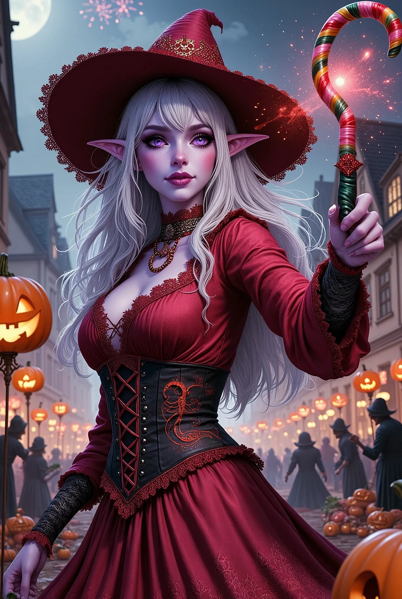 (Ultra-detailed face, Looking away, Fantasy Illustration with Gothic, Rich tone colors.), BREAK 
(This is a world of medieval, magic and steampunk. It is Halloween, a day that has its origins in an ancient Celtic harvest festival. It is the day when evil spirits and evil spirits of rivers and mountains appear in this world as well as celebrate the autumn harvest. A female dark elf astrologer raises her enchanted striped candy cane and attacks a giant pumpkin witch jack-o-lantern by throwing cookies, candy, chocolate bonbons and popcorn at it. The Pumpkin Fiend swings his chocolate bar cudgel down at the Dark Elf. The cudgel's trajectory glows red.), BREAK 
(The dark elf woman wears a wide-brimmed crimson hat with a ruby red scorpion ornament and a choker with woven rainbow-colored beads. She wears a melon-colored lace-up dress in the style of Lolita fashion with a crimson lace trim. She wears orange sandals with pumpkin tassels, made of soft leather woven with silver thread.), BREAK 
(A dark elf woman of young age with pure white hair and eyebrows, very long messy hair reaching to the ground, small pink lips, dark purple skin, lavender eyes, and thick dark eyeliner around her eyes.), BREAK 
(The festival square of a medieval Nordic country town is filled with fireworks, many pumpkin lanterns, and people dressed up as colorful ghosts and zombies.)