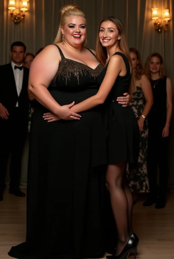two women standing next to each other in a park, ruan jia and mandy jurgens, wearing a formal dress, wearing a cocktail dress, wearing a black dress, ayami kojima and lyde caldwell, waist high, wearing dresses, profile picture, in the background, formal attire, two girls, wearing black dress, wearing a dark dress, thick thighs, wide hips, Big tits, huge tits, no clothes, sexy, cute, minimal clothes, thick, bbw, chubby stomach, thick nipples, nipple piercings, large areola, hard nipples, piercing through shirt, nipples hard through shirt, busty, major cleavage, naked, ripping through top, boobs spilling over sides, bra too tight, giant tits, extra wide hips, upper body zoom in, showing off huge tits, fat stomach, see through top, fat bbw, large areola showing