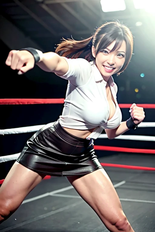 beautiful woman, active attacking pose, femdom, kick attacking motion to viewer, perfect body, big breasts, office-lady blouse skirt, fingerless gloves, light brown hair, mischievous smile, closer, depth of field, at fight ring