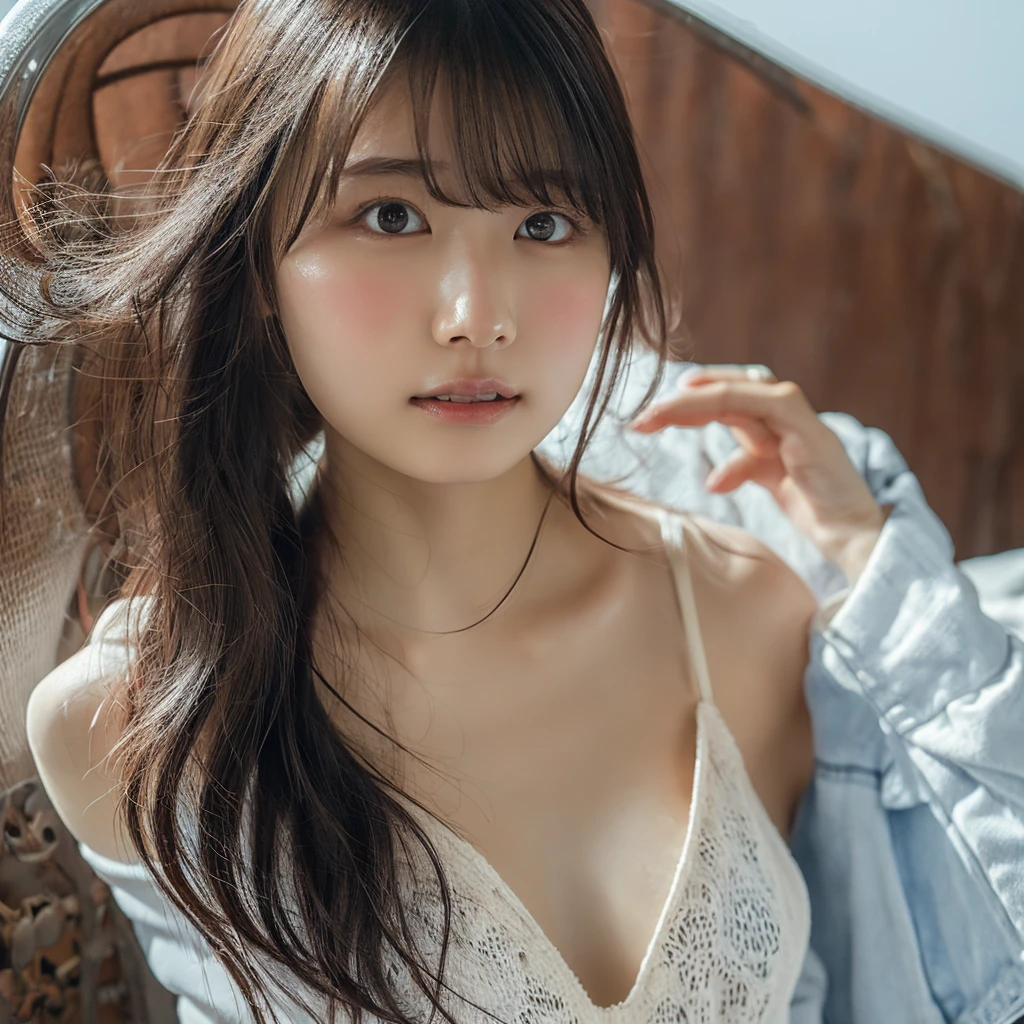  High Resolution ,  textured skin, girl, 20 years old, Height: 153cm, ((Big Breasts,round face)), photograph, ((Expose)), ((Busty, chestの谷間, chest, sexy)), cute, Idol, グラビアIdol, ((Light clothing, morning)) , Nipples,  white underwear, bed, Prone, 寝ているgirl, Looking up, Shot from above,  unkempt hair, Seductive Face