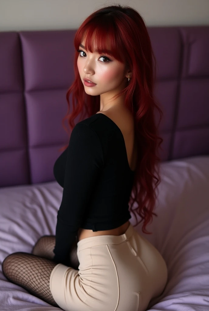 there is a woman with red hair and a black top, 18-years old, with bangs, lalisa manobal, nua nude, perfect body full body she has red hair, with bangs completo, the hime cut, tender red skin, madison beer like leeloo, she has long orange hair, with red hair, frank lily, 🤤 portrait of , 16 yrs old