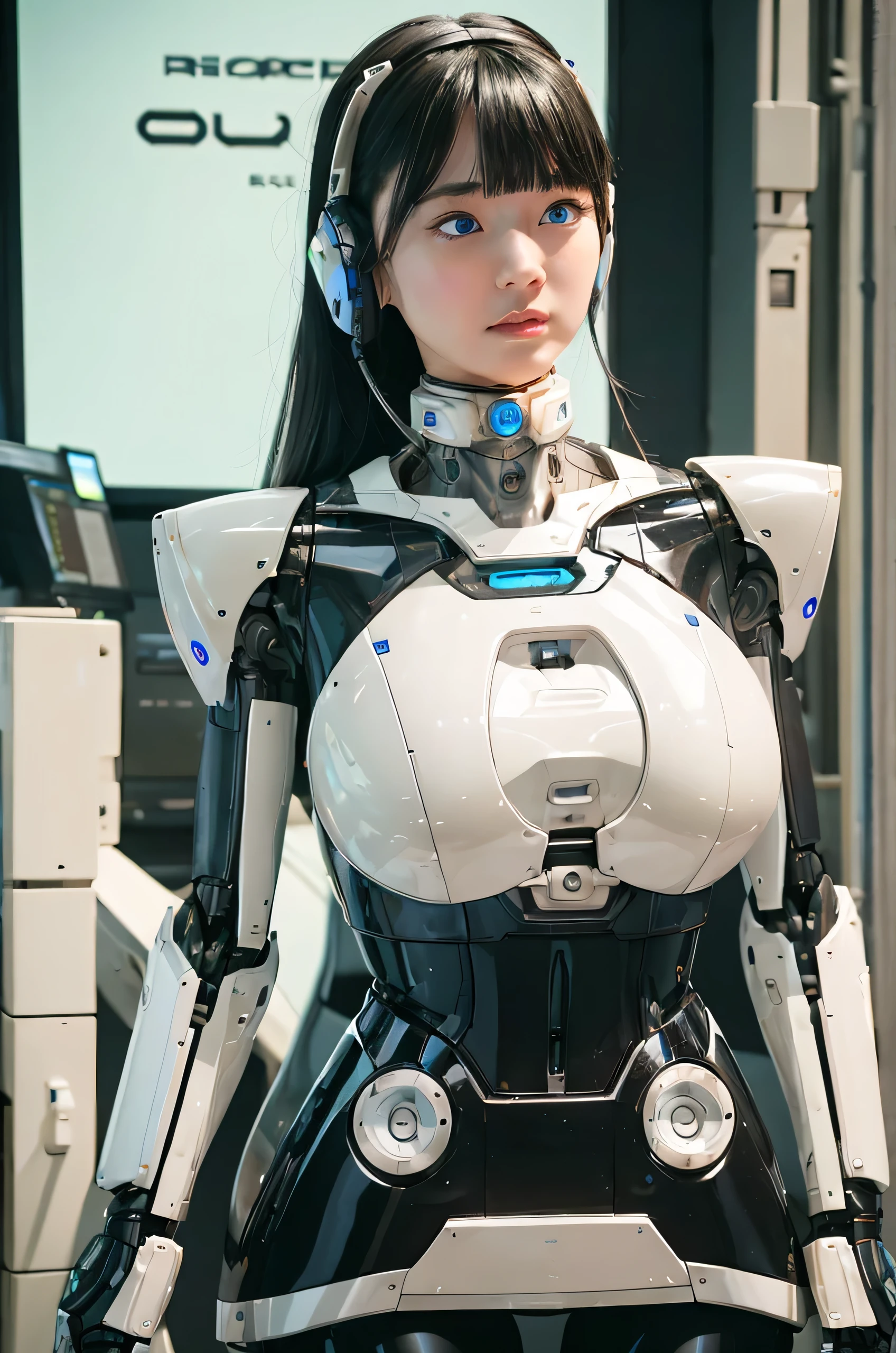 masterpiece, Best Quality, Extremely detailed, 8K portrait,1woman in, Japaese android woman,Plump , announcer,control panels,android,Droid,Mechanical Hand, ,Robot arms and legs, Black hair,Mechanical body,Blunt bangs,White Robotics Parts,perfect robot woman,Charging spot,Long Tube,A thick cable was connected to her neck,ceramic body ,Mechanical body, mechanical ear covers,android,robot humanoid,a bit chubby,panty,She is exhibits,perfect mechanical body,white robotics body,future laboratory,mechanical ear cover,blue eyes