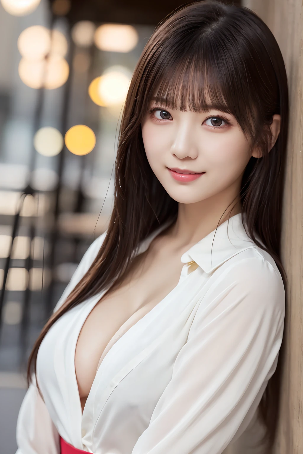 In the shopping district, under a thin blouse、The slight rise of her nipples caught his eye., Highest quality, shape, Very detailed, In detail, High resolution, 8k wallpaper, Perfect dynamic composition, Beautiful details,  Natural Lip, The nipples are clearly visible, Big Breasts, Cleavage, protruding nipples, She is smiling in a cute pose.., A masterpiece of the whole body, Side Short