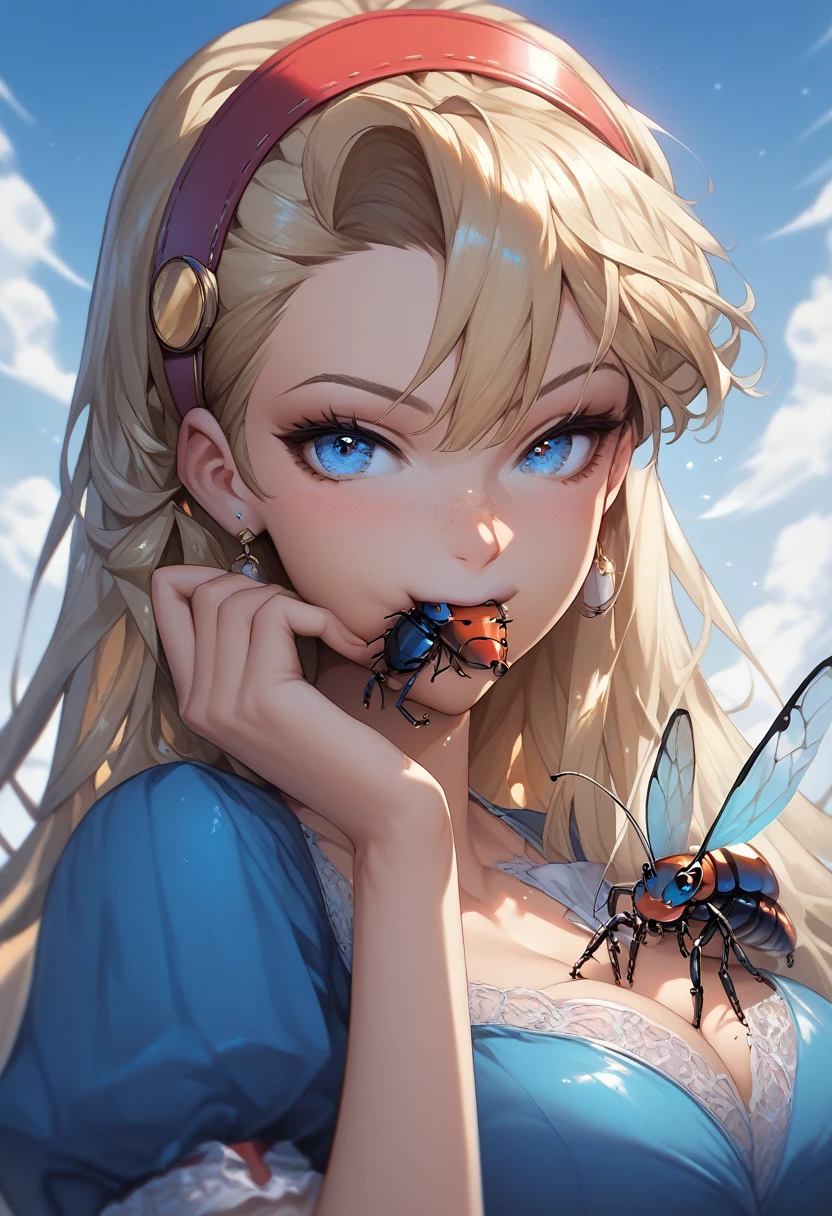 ( super high image quality :1.3), 1girl,looking at viewer,(beautiful detailed blue eyes), (amagi_Yukiko), (anime eyes), Blonde, Blue Eyes, (Eating insects:1.4), (Biting insects:1.2), (tasty), breast_Schott