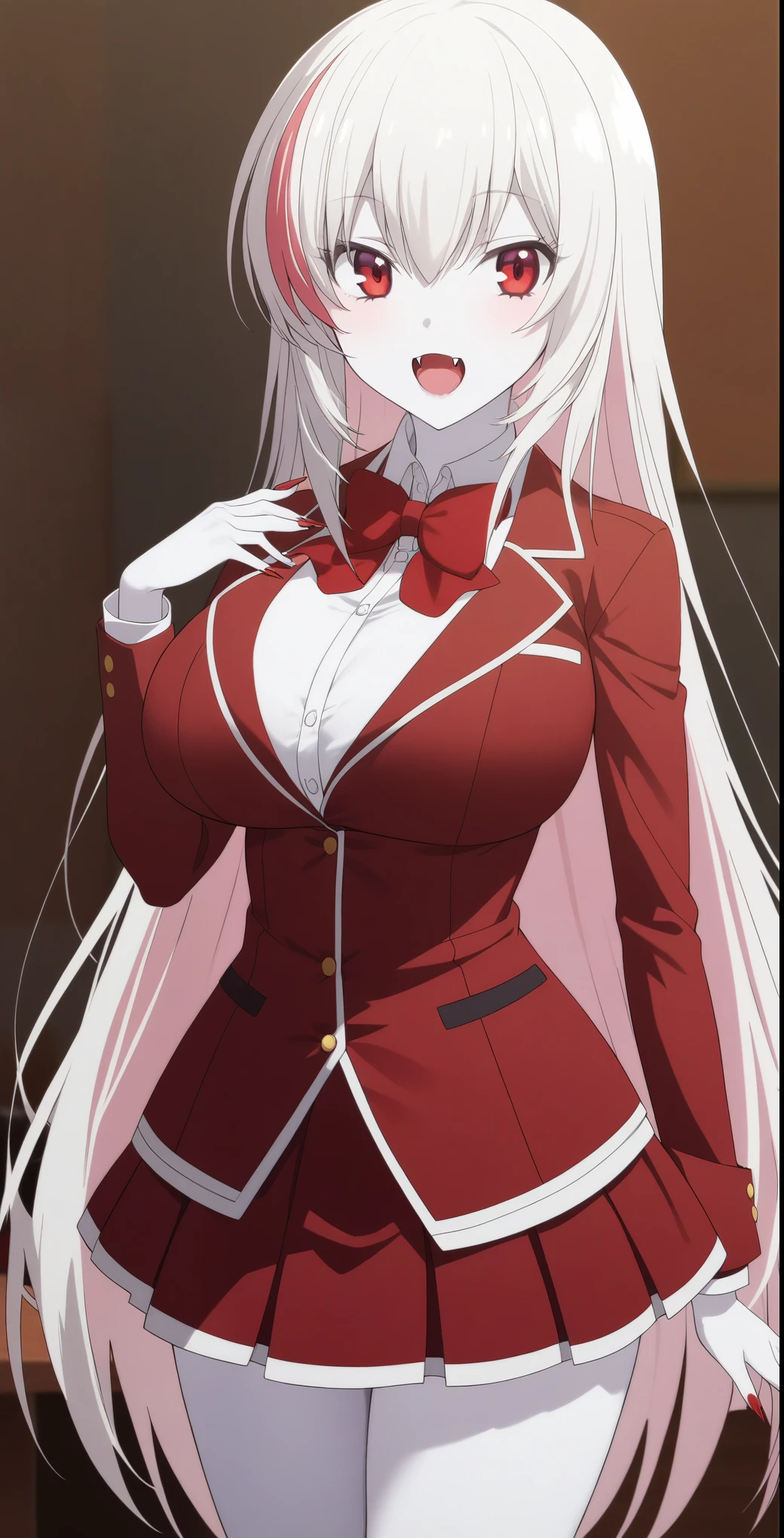 1 Girl、vampire化一ノ瀬帆波、Red eyes、Fangs growing、vampire、Uniforms for advanced training high schools、 pure white pale skin、 pure white hair、Height 150〜Over 170 cm、vampire学園の生徒、Red nails、Slightly sharp nails、Slightly larger breasts、The hairstyle is Ichinose Honami 