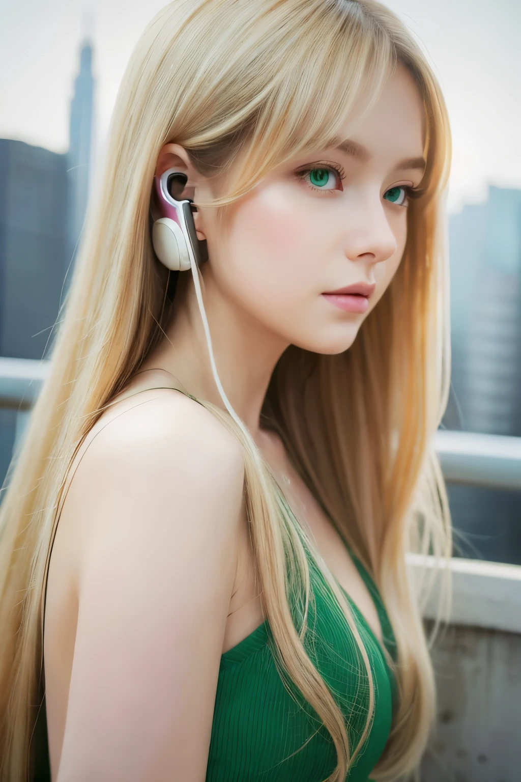 (masterpiece), ( best quality ,  high resolution ,  Height Detail , illustration),  1 Girl , alone, City,  Contemporary , Side view close-up , Blonde beige long hair, green eyes,   Beautiful delicate eyes , Squat, earphone, 【8k,  trending on artstation, Recommended on pixiv