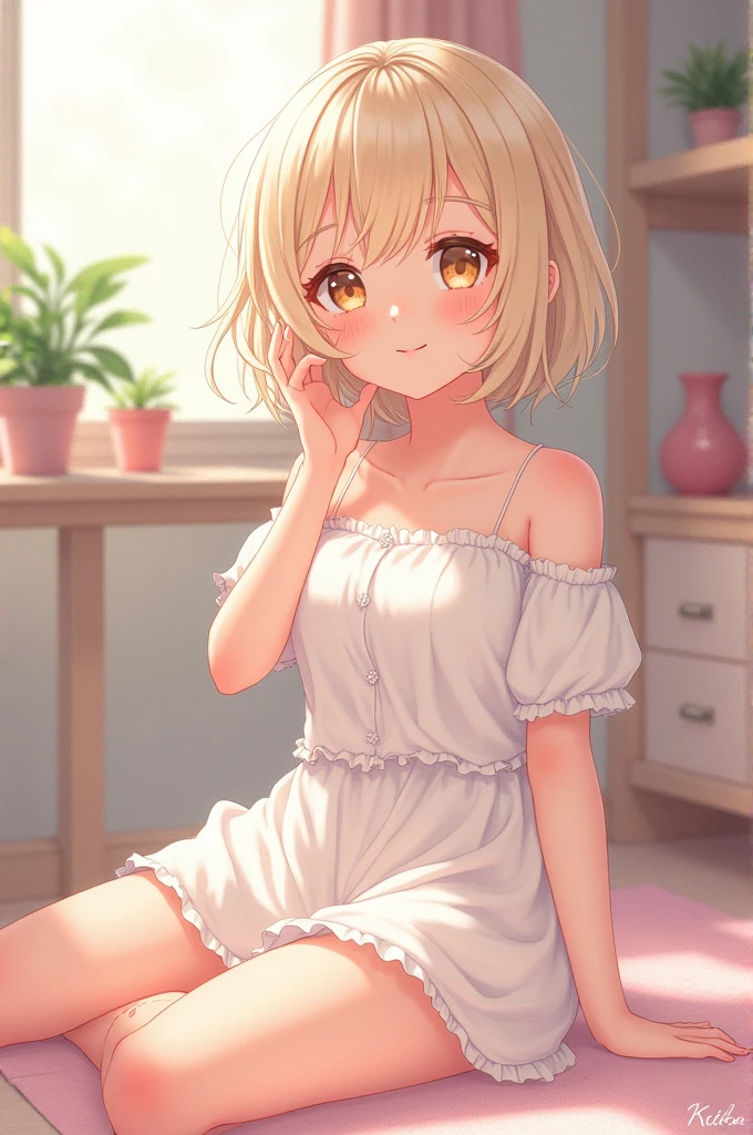 (masterpiece), oudoors, sunlight, light particles, 1girl, short hair, blonde hair, (yellow eyes:1.2)