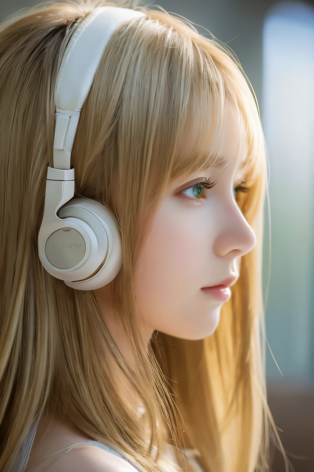 (masterpiece), ( best quality , high resolution , Height Detail , illustration), 1 Girl , alone, City, Contemporary , Side view close-up , Blonde beige long hair, green eyes, Beautiful delicate eyes , Squat, earphone, 【8k, trending on artstation, Recommended on pixiv