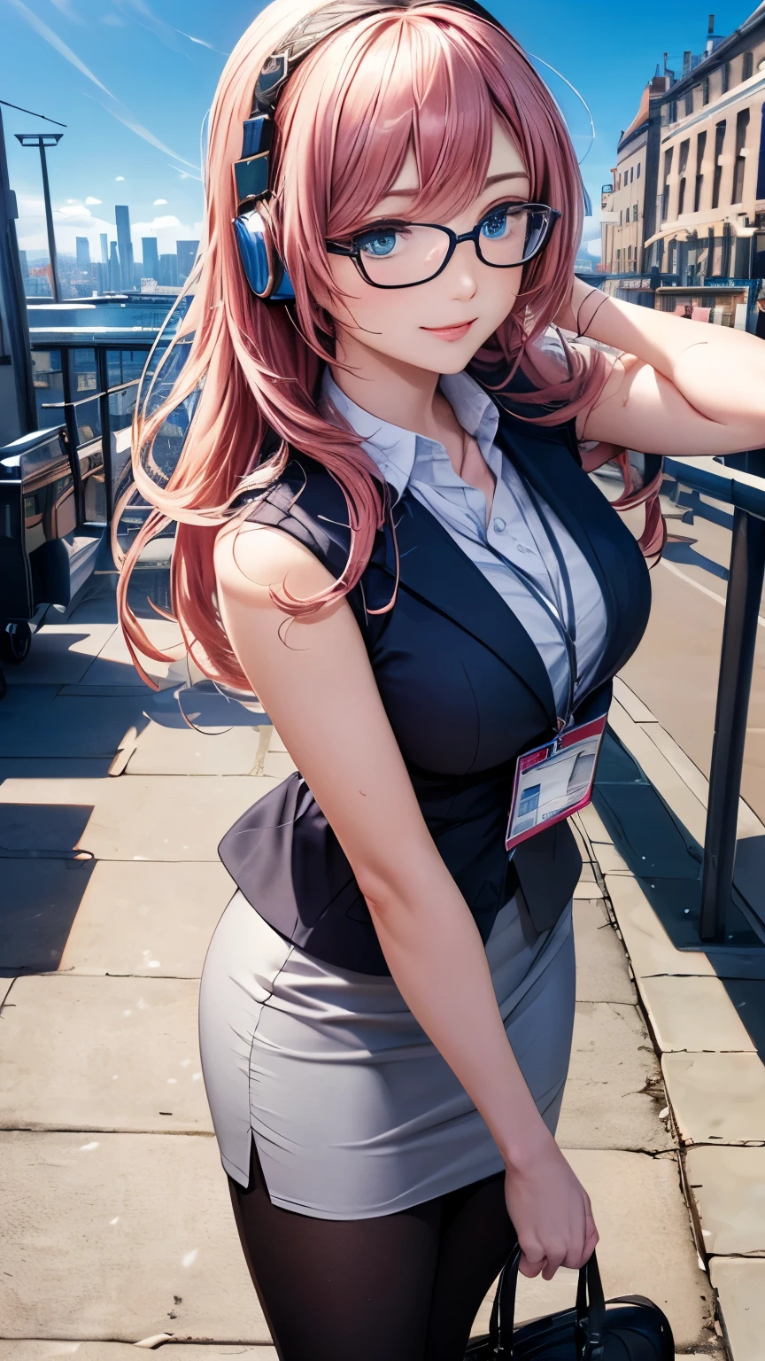 Megurine Luka， pink long hair，((headphones， black business suit ， Pencil Skirt，ID card with strap ，Black tights，Intellectual glasses))，((Clear blue eyes))，((4K，8k，CG Unity，Masterpiece，masterpiece， best quality:1.5))，Official image，Perfectly correct anatomy，((Realistic:1.2))，Bust Up，((Staring at the camera with a gentle smile :1.17))，The most beautiful woman in the world，A soothing expression， Supermodels， beautiful, detailed skin texture，Beautiful Lips， Extremely Exquisite Acrylic Painting ，Very beautiful and smooth hair， Pro Lighting，Perfectly correct hand shape， Intricate Details ，((Blue Sky Business District ))