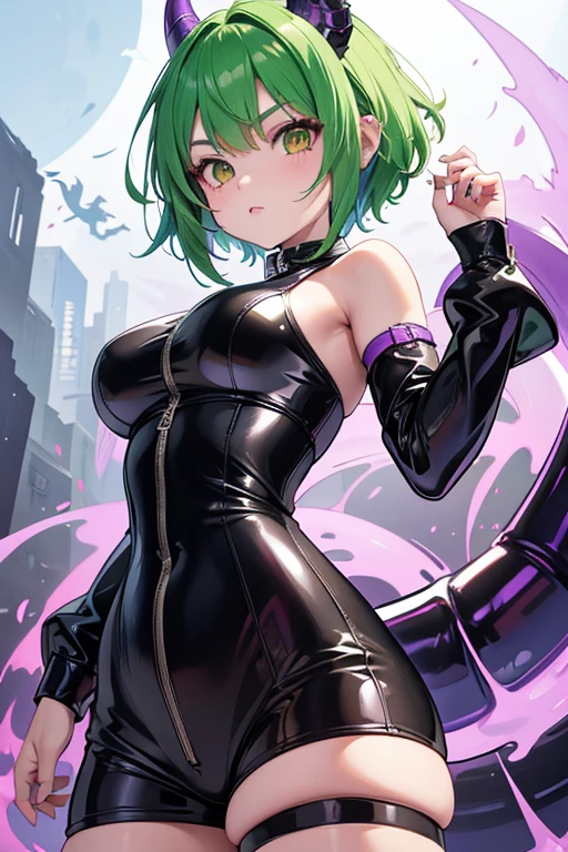 Demi-human dragon , Loli girl short green hair and brown eyes wearing black and purple latex clothes with a tail 