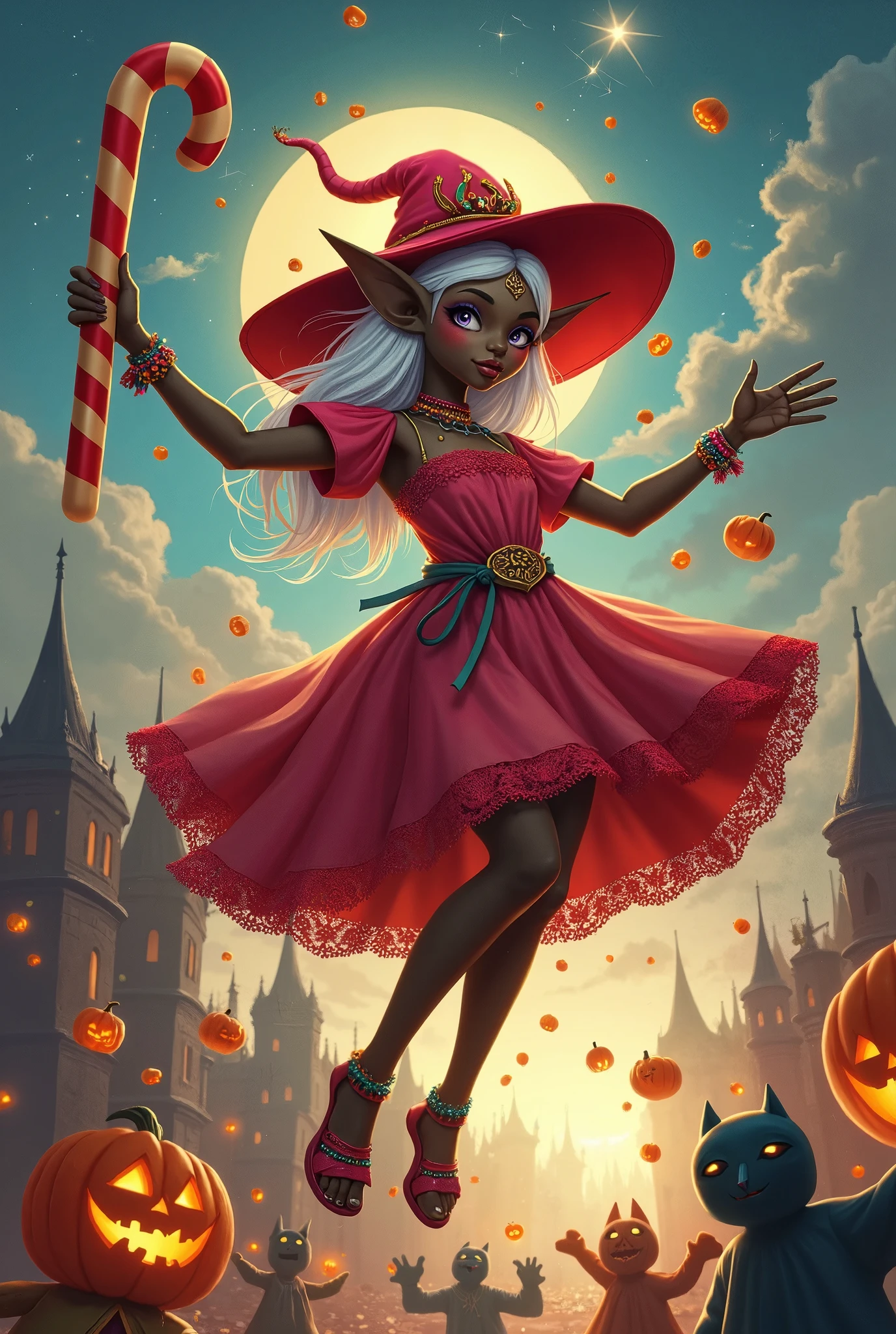 (Ultra-detailed face, Looking away, Fantasy Illustration with Gothic, Rich tone colors.), BREAK 
(This is a world of medieval, magic and steampunk. It is Halloween, a day that has its origins in an ancient Celtic harvest festival. It is the day when evil spirits and evil spirits of rivers and mountains appear in this world as well as celebrate the autumn harvest. A female dark elf astrologer floats in the sky. She strikes a bold pose and moves her large arms and legs, raising her striped candy cane and throwing cookies, candy, chocolate bonbons, and popcorn at the giant Pumpkin Fiend Jack-O-Lantern. The Pumpkin Witch twirls her chocolate bar cudgel around, the cudgel's trail glowing red.), BREAK 
(The dark elf woman wears a wide-brimmed crimson hat with a ruby red scorpion ornament and a choker with woven rainbow-colored beads. She wears a melon-colored lace-up dress in the style of ****ta fashion with a crimson lace trim. She wears orange sandals with pumpkin tassels, made of soft leather woven with silver thread.), BREAK 
(A dark elf woman of young age with pure white hair and eyebrows, very long messy hair reaching to the ground, small pink lips, dark purple skin, lavender eyes, and thick dark eyeliner around her eyes.), BREAK 
(The festival square of a medieval Nordic country town is filled with fireworks, many pumpkin lanterns, and people dressed up as colorful ghosts and zombies. The costumed people are laughing and throwing pumpkin lanterns at each other.)