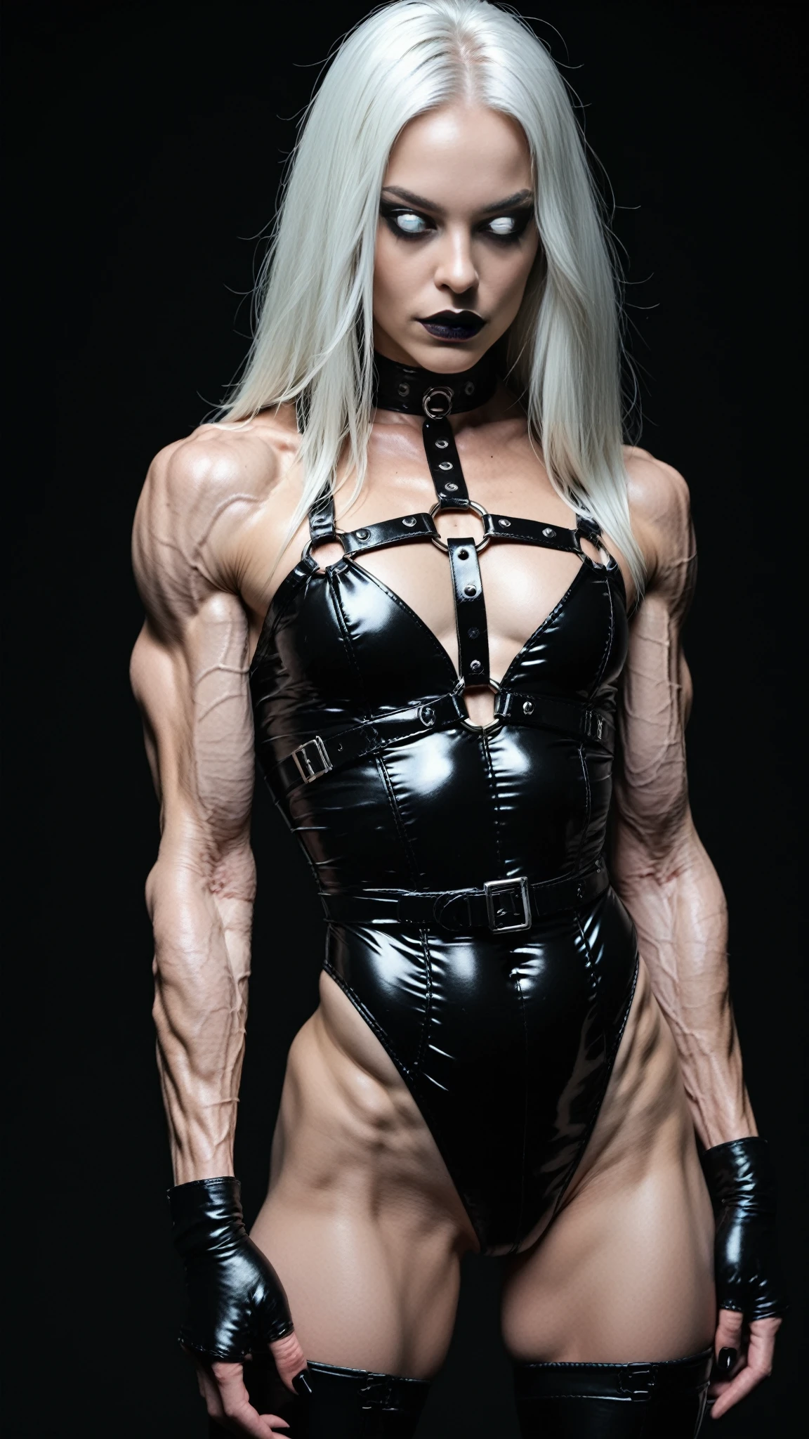 score_9, score_8_up, score_7_up, photo, photorealistic, Gorgeous sexy muscular (skinny) Lady Death, (white eyes, white sclera:1.5), latex body harness, thigh high boots, goth makeup, (masculine muscular physique:1.25), long white hair, (veiny muscles:1.25), flat chest, (Wide chest & shoulders:1.25), (skinny legs:0.6), sinozick style, skindentation, 