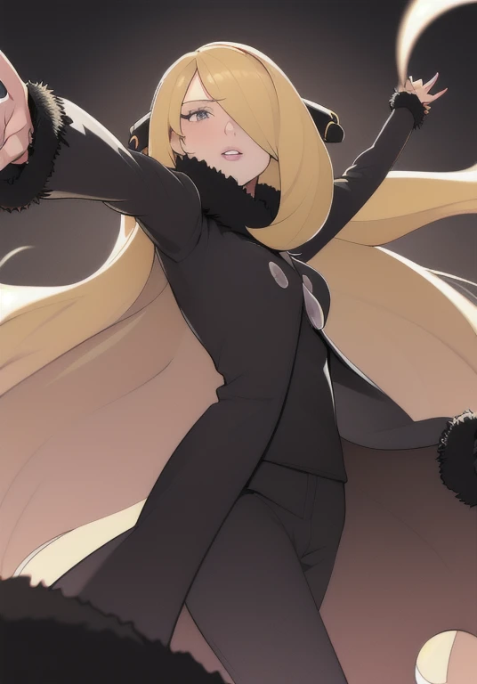 cynthia, 1girl, solo, long hair, breasts, looking at viewer, blonde hair, hair ornament, long sleeves, parted lips, hair over one eye, blurry, coat, grey eyes, fur trim, eyelashes, floating hair, outstretched arm, pointing, fur collar, black coat, fur-trimmed coat
