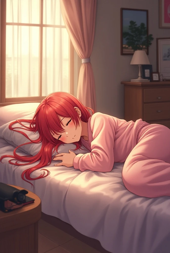 Sleeping girl, 22 years old, realistic, she is wearing long pants, she is wearing pink pajama, brown hair, sexy girl, blue bed, morning, 8k resolution, young perfect figure girl.